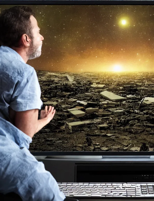 Image similar to a high resolution photo of a sad man watching the end of the universe live stream playing on a vintage computer screen, earthquake, debris