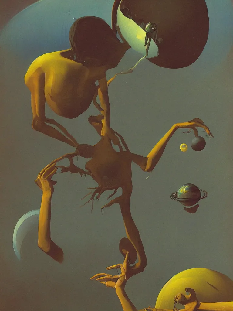 Image similar to alien wearing astronout suit and catch a planet on her hand edward hopper and james gilleard, zdzislaw beksinski highly detailed