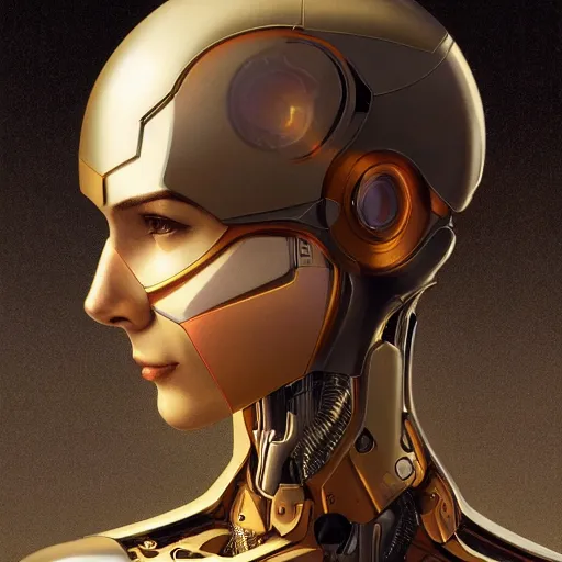 Image similar to headshot of humanoid robot from ex machina, intricate, headshot, highly detailed, digital painting, artstation, concept art, sharp focus, cinematic lighting, illustration, art by artgerm and greg rutkowski, alphonse mucha, cgsociety