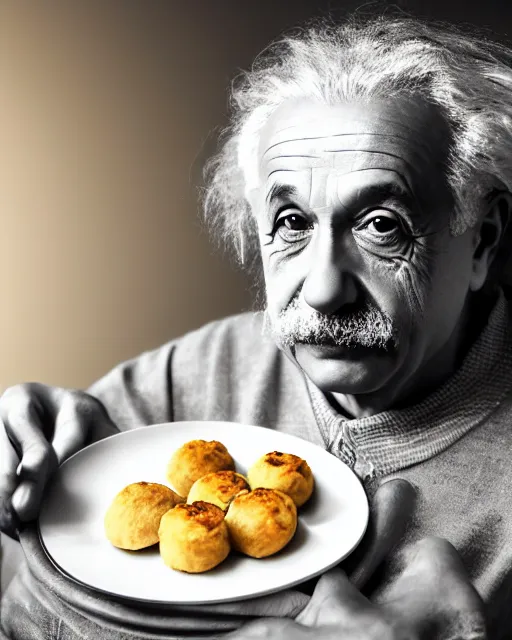 Prompt: a portrait of albert einstein sitting at the dining table with a plate containing panipuri in front of him, highly detailed, trending on artstation, bokeh, 9 0 mm, f / 1. 4