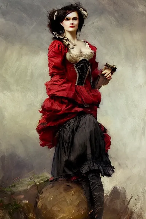 Image similar to Solomon Joseph Solomon and Richard Schmid and Jeremy Lipking victorian genre painting full length portrait painting of a young beautiful woman traditional german french fashion model pirate wench in fantasy costume, red background