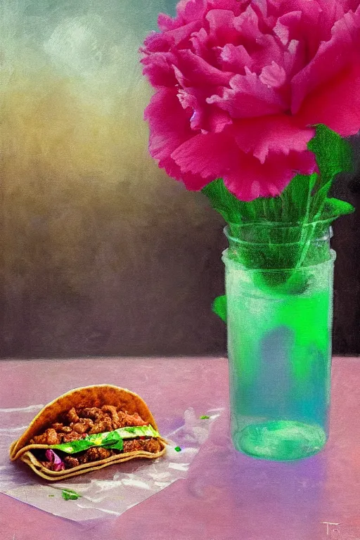 Prompt: taco bell meal with mountain dew in a clear plastic cup with straw next to a single pink carnation in a glass jar in front of brown background, oil painting, impressionism, negative mood, low energy
