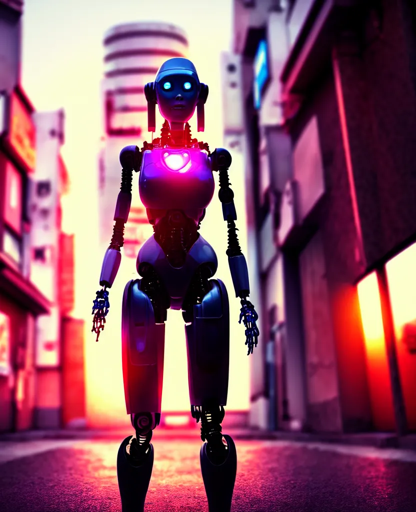 Image similar to a photo close up cyberpunk half robot half girl stands in a cyberpunk hiroshima, prefecture streets, sunset, photorealistic, cinematic lighting, very detailed, style by tomino - sama