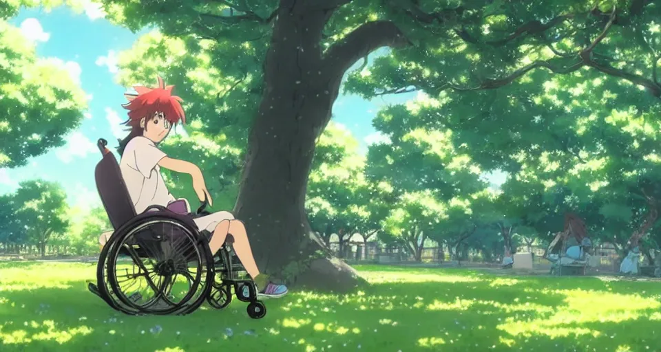 Prompt: a green long - haired boy in a wheelchair under a tree, day, sunshine, warm colors, relaxing, calm, cozy, peaceful, by mamoru hosoda, hayao miyazaki, makoto shinkai