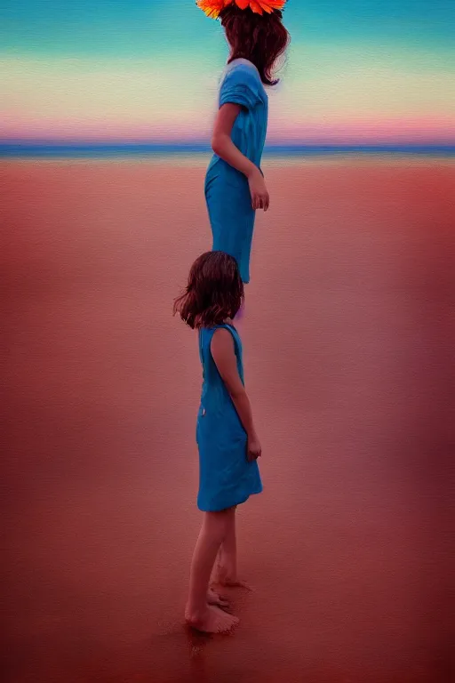 Image similar to closeup giant dahlia flower head, girl standing on beach, surreal photography, blue sky, sunrise, dramatic light, impressionist painting, digital painting, artstation, simon stalenhag