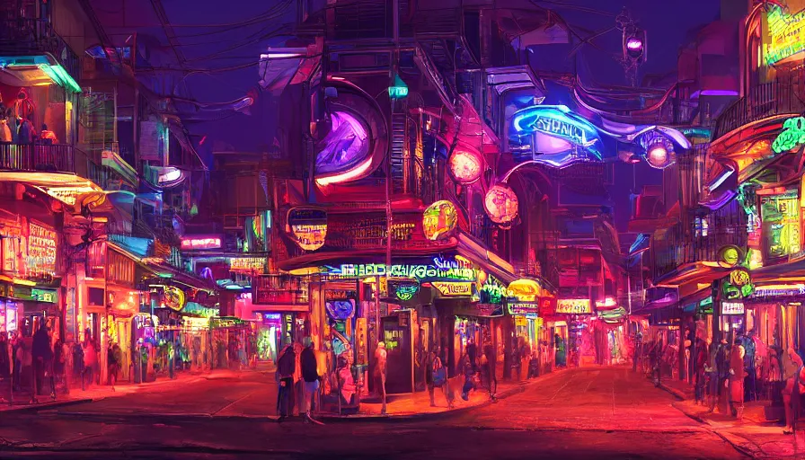 Prompt: futuristic bourbon street with color lights at night, fanfare, hyperdetailed, artstation, cgsociety, 8 k