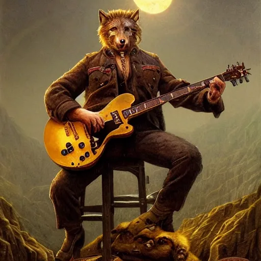 Image similar to Hyperrealistic 1941 The Wolf-Man playing a Gibson electric guitar, by Antonio Caparo, Ferdinand Knab, Greg Rutkowski, Amano, and Karol Bak UHD, vivid colors, photorealistic trending on artstation