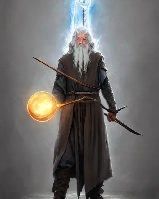 Image similar to Gandalf the grey casting a magic gigantic fork spell to summon army of electric forks, crimson led, glowing, D&D, fantasy, intricate, elegant, highly detailed, digital painting, artstation, concept art, matte, sharp focus, illustration, hearthstone, art by Artgerm and Greg Rutkowski and Alphonse Mucha