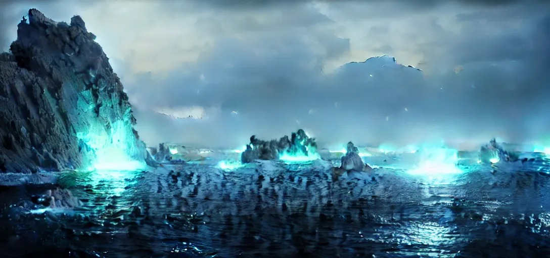 Image similar to octane render uhd, 8 k art photography, filmic lighting, cinematic art shot, hyperrealistic, hyperdetailed, super detailed, 8 k, high resolution, mysterious strangle glowing crystalline structure made of white rocks in the far distance, 8 k uhd photography by ross tran and ivan aivazovsky, black water, midnight