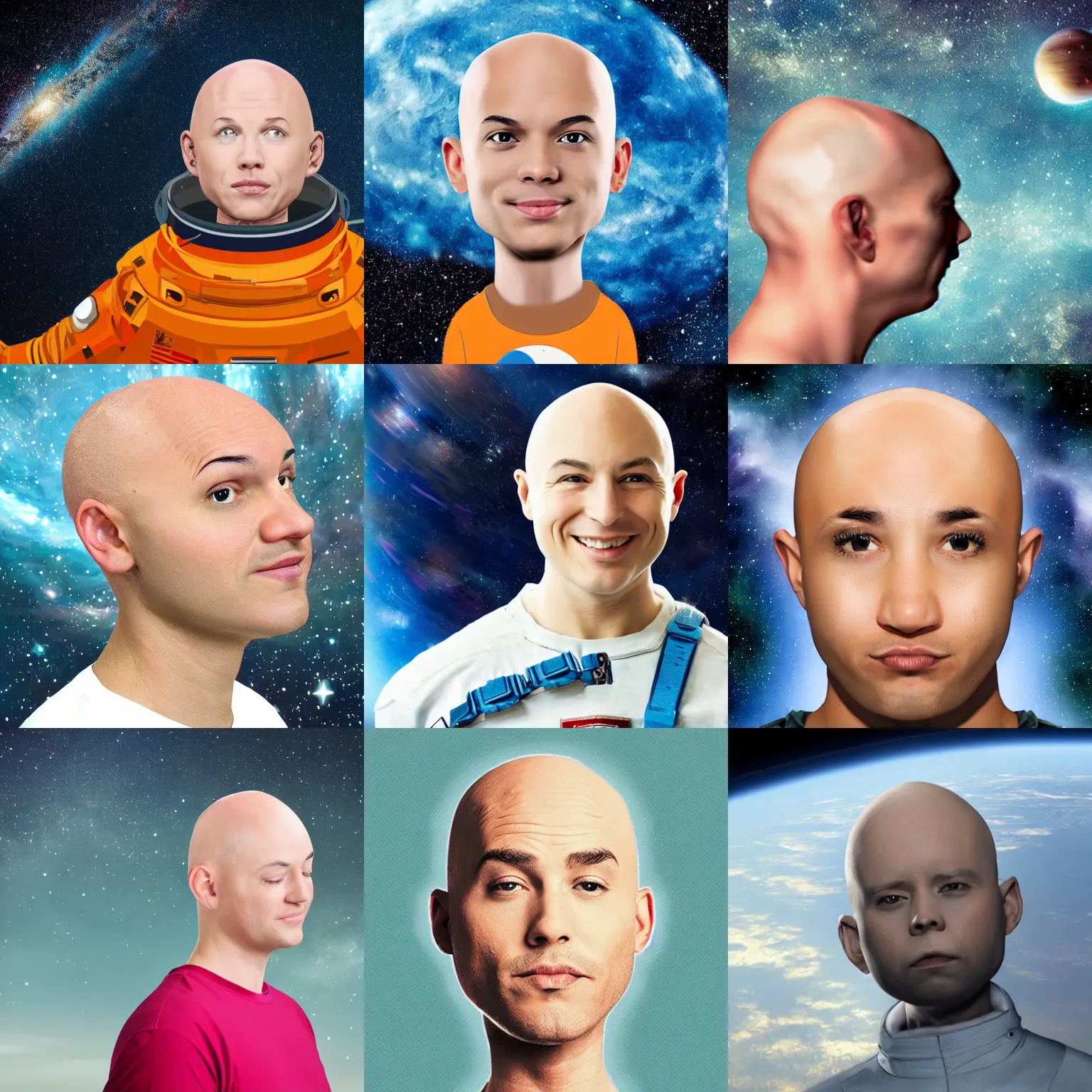 Prompt: a bald head floating in space