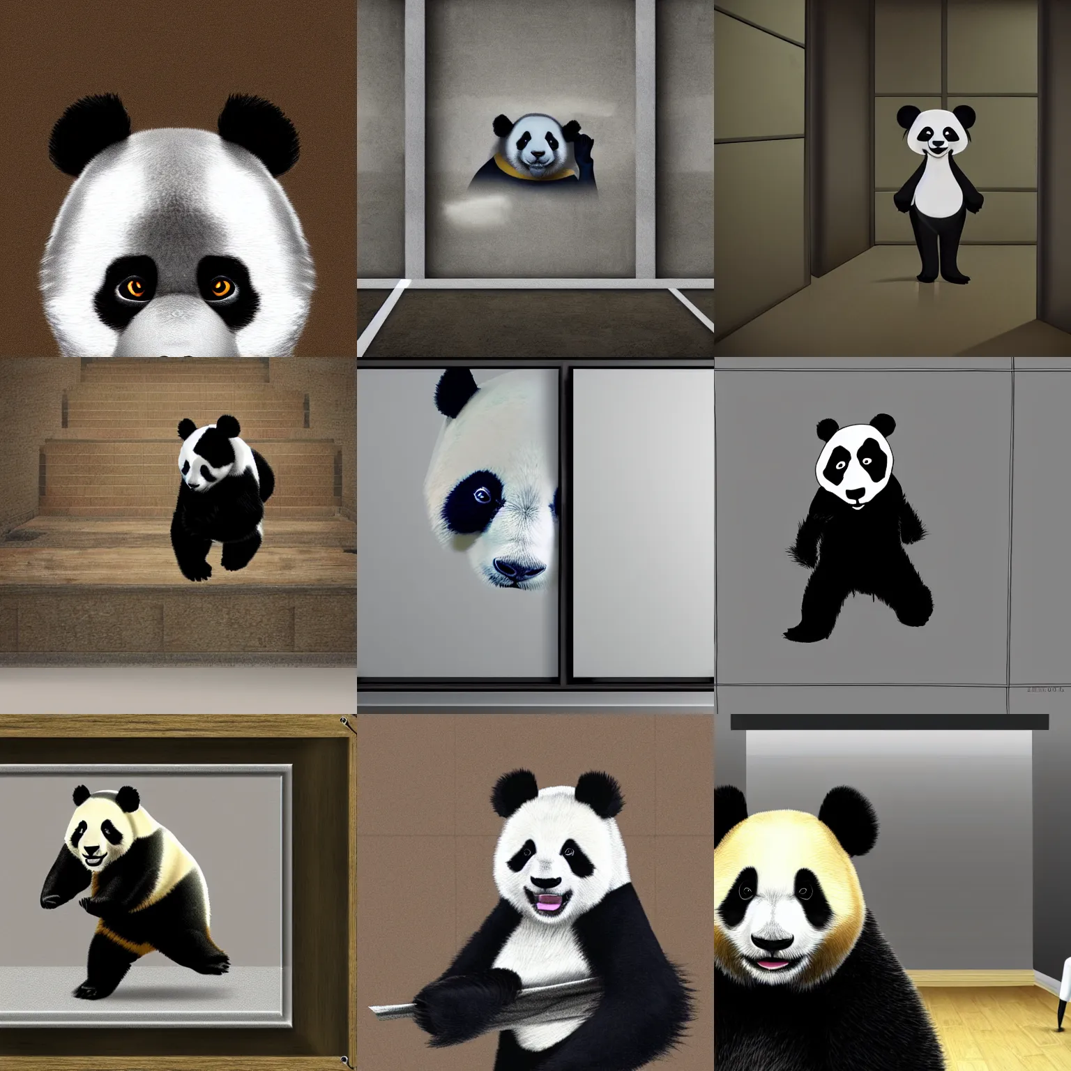 Prompt: a worried panda running through the backrooms level 2, photorealistic