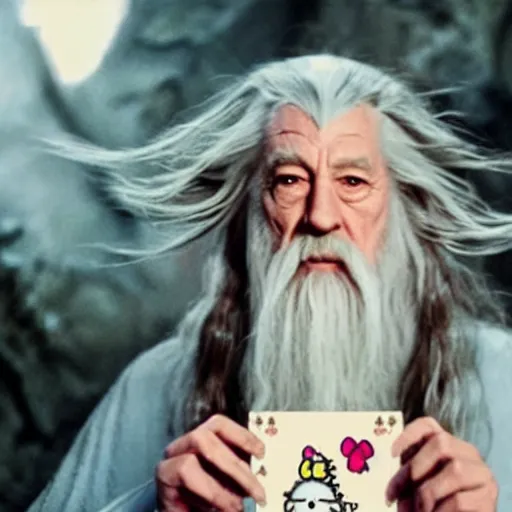 Image similar to portrait of gandalf, wearing a Hello Kitty costume, holding a blank playing card up to the camera, movie still from the lord of the rings