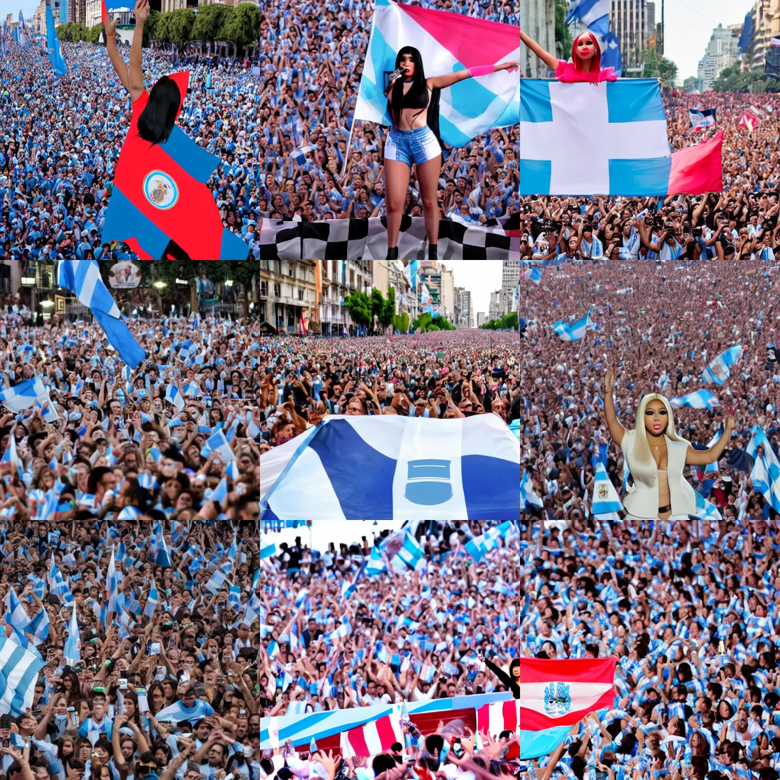 Prompt: Argentina presidential rally advertisement Nicki Minaj forefront and a blurred Argentine flag waving behind her, detailed hd image