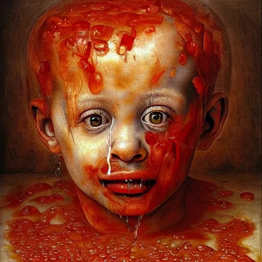 Image similar to a boy sitting in a bathtub full of tomato sauce, looking straight into camera, screaming in pain, by giuseppe arcimboldo and ambrosius benson, renaissance, fruit, intricate and intense oil paint, a touch of beksinski and hr giger, realistic