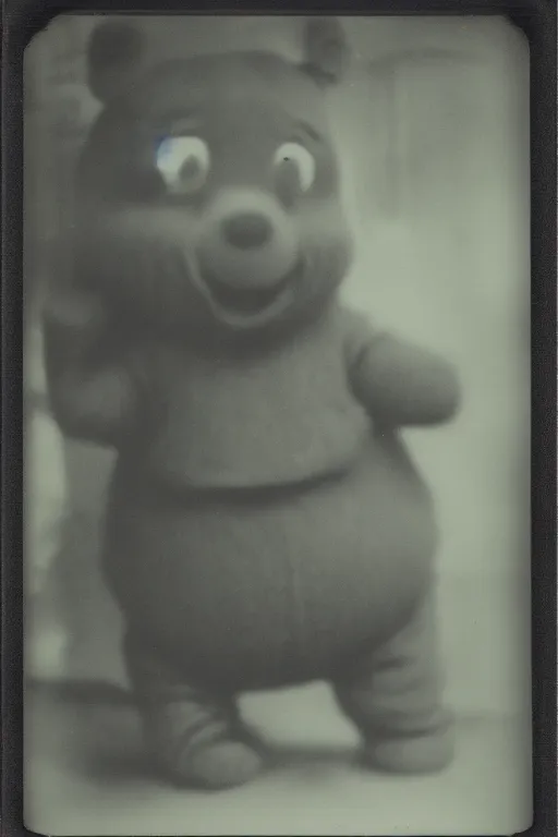 Prompt: old found creepy polaroid photo of winnie the pooh in a [ dark room ] with [ glowing eyes ] looking at the camera, 8 k, hd