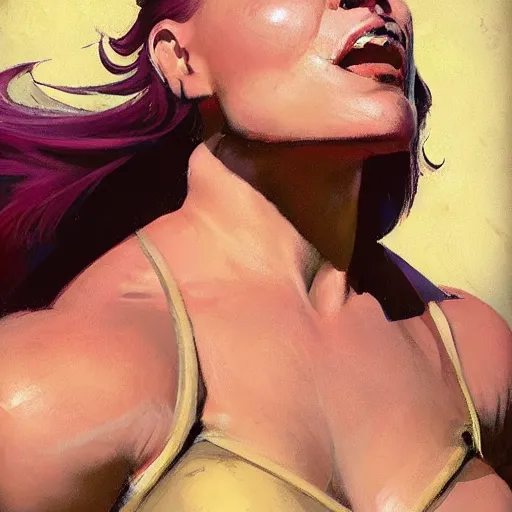 Image similar to greg manchess portrait of margot robbie as thick female bodybuilder zarya from overwatch, epic grimdark, fantasy, medium shot, asymmetrical, profile picture, organic painting, sunny day, matte painting, bold shapes, hard edges, street art, trending on artstation, by huang guangjian and gil elvgren and sachin teng