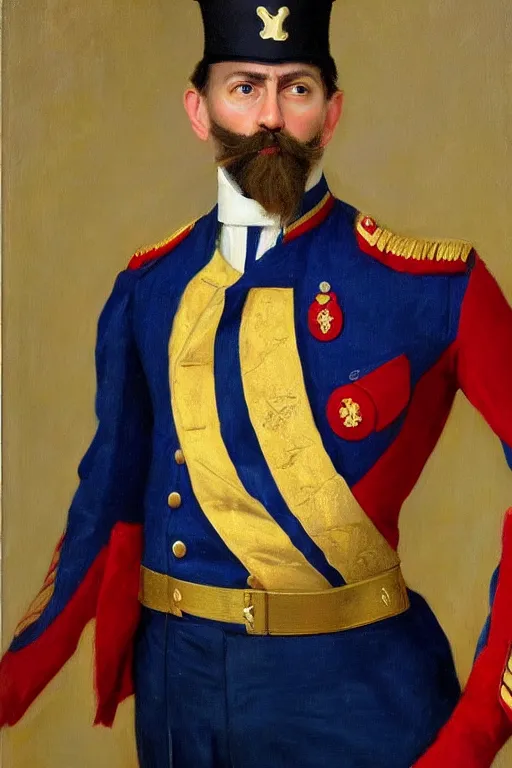 Prompt: full body portrait of the dictator of the new orleans pelicans, 1 8 8 9, in full military garb, midnight blue, red, gold and white, oil on canvas by william sidney mount, trending on artstation