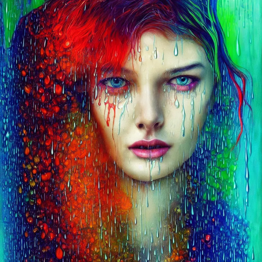 Image similar to bright asthetic portrait of LSD in rain with wet hair and one face, liquid, fantasy, intricate, elegant, dramatic lighting, highly detailed, lifelike, photorealistic, digital painting, artstation, illustration, concept art, smooth, sharp focus, art by John Collier and Albert Aublet and Krenz Cushart and Artem Demura and Alphonse Mucha