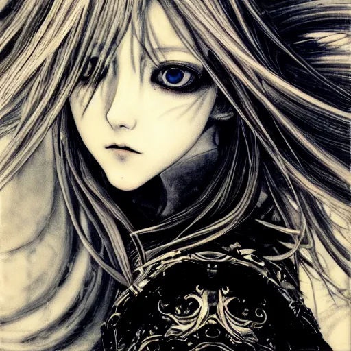 Image similar to yoshitaka amano realistic illustration of an anime girl with black eyes, wavy white hair fluttering in the wind and cracks on her face wearing elden ring armor with engraving, abstract black and white patterns on the background, noisy film grain effect, highly detailed, renaissance oil painting, weird portrait angle, three quarter view