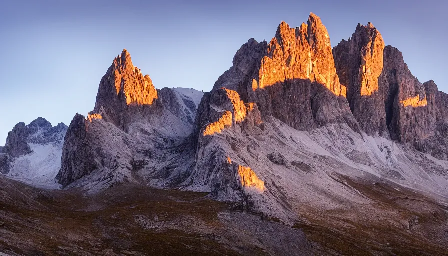 Prompt: Three peaks of Lavaredo at dawn, dramatic lighting