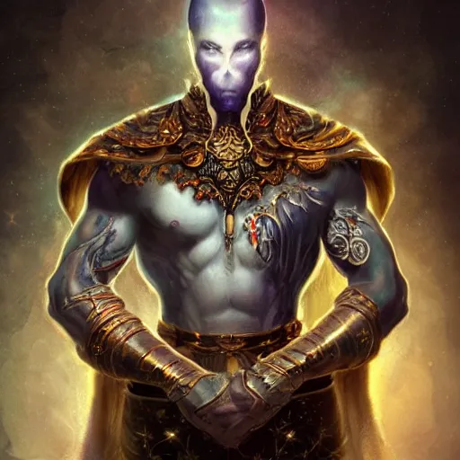 Image similar to an Artstation 3d render of Very very very very highly detailed beautiful mystic portrait of a phantom warrior with galaxy, tattoos by Anton Pieck, intricate, extremely detailed, digital painting, artstation, concept art, smooth, sharp focus, illustration, intimidating lighting, incredible art,