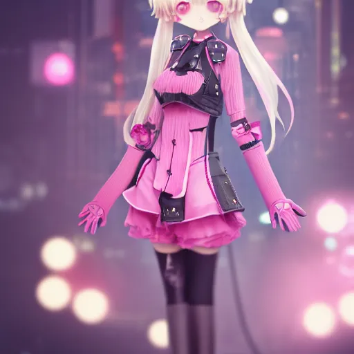 Image similar to cute fumo plush of a girl with prosthetic mechanical arms, pink velvet dress, bokeh, cyberpunk anime girl, vray
