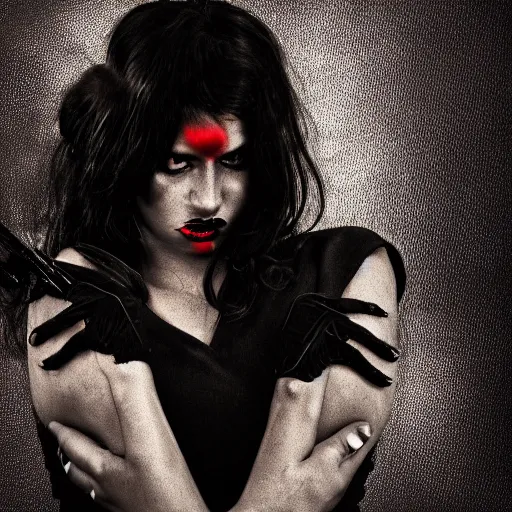 Prompt: Satan, Woman, femme fatale, beautiful, deadly, black, red, photograph, highly detailed, sharp focus,