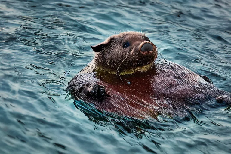 Image similar to a pig sea otter!!! hybrid! hyper realistic!! realistic lighting!! wildlife photographer of the year!!! bold natural colors, national geographic, hd, wide angle, 8 k