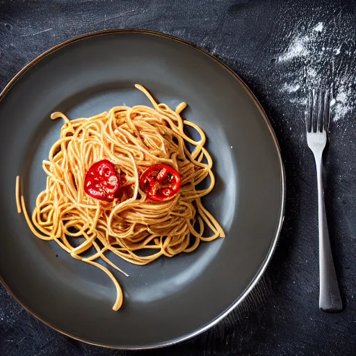 Image similar to extremely delicious looking photo of beautiful spaghetti, very expensive top quality product, michelin star, most perfect desert on the world, small manufacture, unique style, 8 k, product photography, professional studio photography