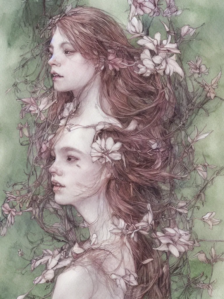 Image similar to study of a flower fairy, illustration, watercolor, alan lee, detailed, pretty, ethereal, realistic, artstation