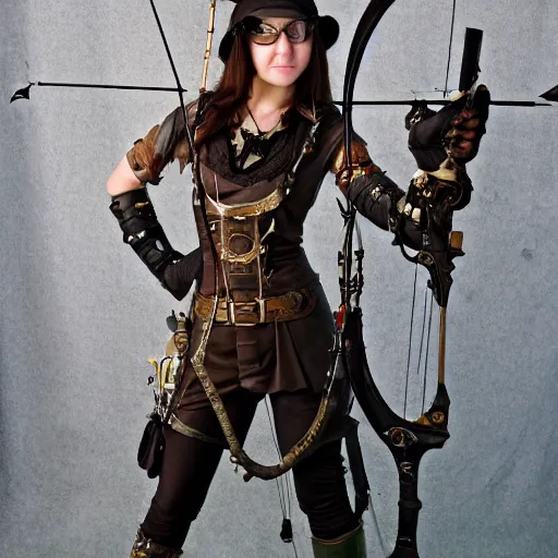 Prompt: photo of female steampunk archer