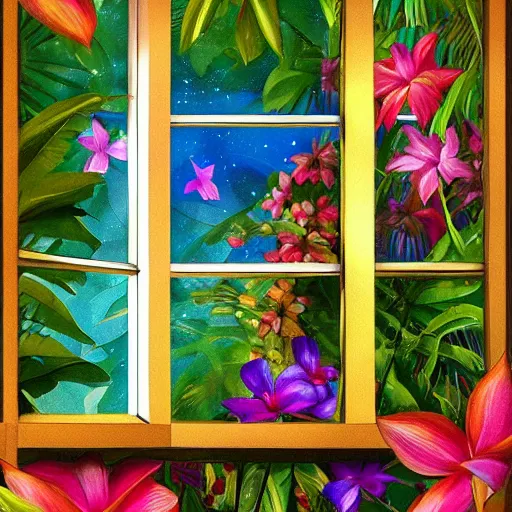 Image similar to a window full of tropical flowers, inside the window you can see the galaxy, fantasy art, trend in artstation