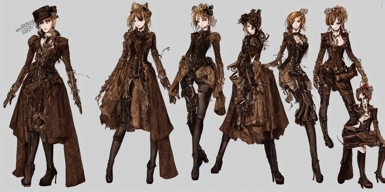 Prompt: steampunk dresses, costume, fashion, movie, anime, game, character concept, characters reference sheet, high quality, ultra detailed, full body, trending on ArtStation, digital art, concept art