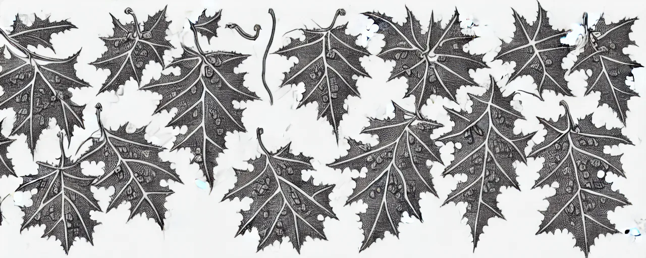 Image similar to a full page schematic diagram illustration of a vine leaves with oak acorns, ultra detailed, 4 k, intricate, encyclopedia illustration, fine inking lines