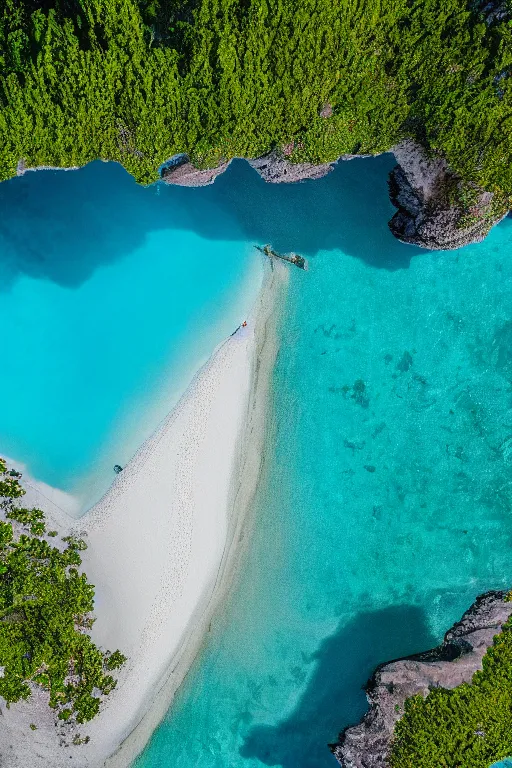 Image similar to Drone Photo of a Beach, turquoise water, calm, volumetric lighting, summer, Cinematic, award winning, highly detailed, photo print.