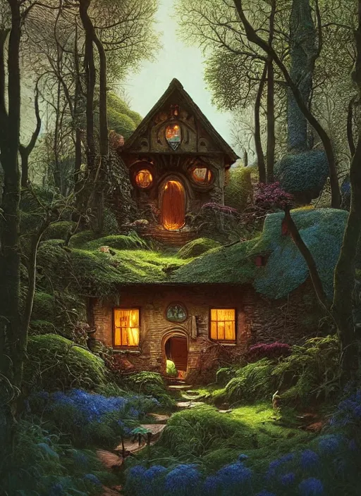 Image similar to hyper realistic homely ornate modern witch cottage distant down a path in the woods gorgeous lighting, blue sky, highly detailed, lush forest by zdzisław beksinski and norman rockwell and greg rutkowskiweta studio, and lucasfilm