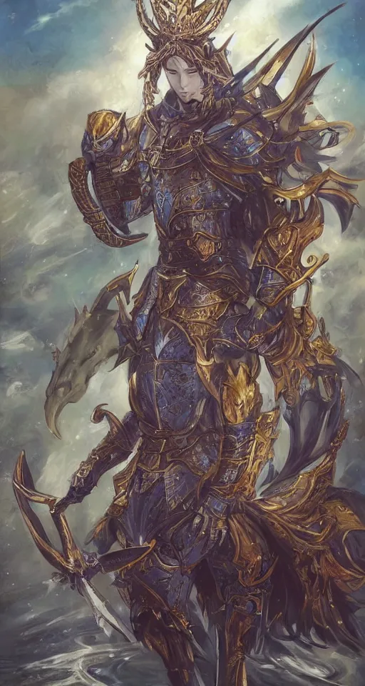 Image similar to an anime portrait of a knightly merfolk riding a fish horse from magic the gathering wearing a ornate detailed armor and an atlantean crown, from skyrim, by stanley artgerm lau, wlop, rossdraws, james jean, andrei riabovitchev, marc simonetti, and sakimichan, trending on artstation