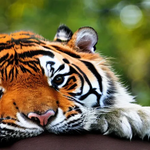 Image similar to a tiger cuddling with a house cat 4k, high detail, high-resolution photograph