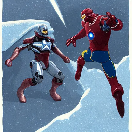 Image similar to portrait of iron man fighting captain america in a snowy tundra, stormy weather and lightning, illustration concept art of miyazaki studio ghibli