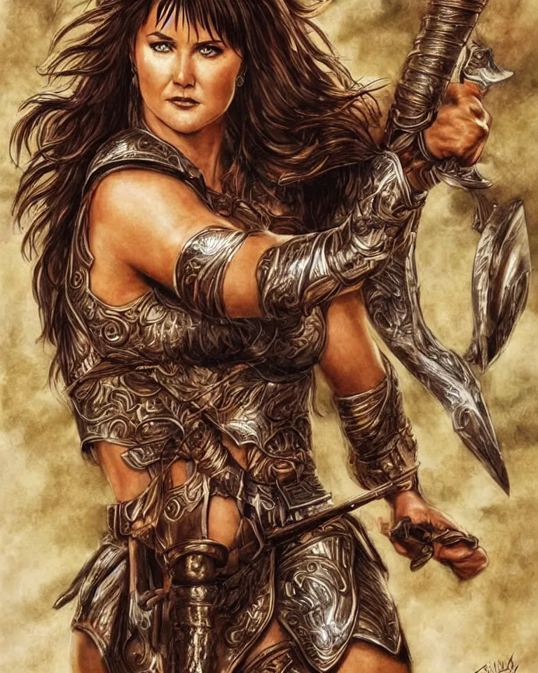 Image similar to a young lucy lawless as xena warrior princess as an amazon warrior, a tall beautiful woman with brown skin and long hair, dressed in hellenistic body armor, intricate, elegant, highly detailed, smooth, sharp focus, detailed face, art by ardian syaf