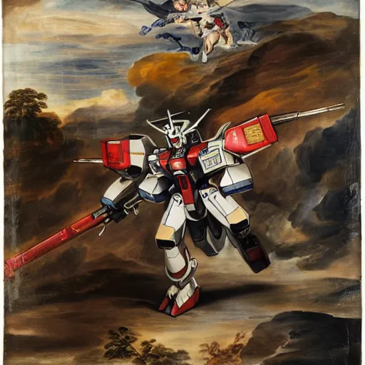 Prompt: peter paul rubens as consequences of wars with mecha gundam invited, random content position, delete duplicate content, photorealistic details content.