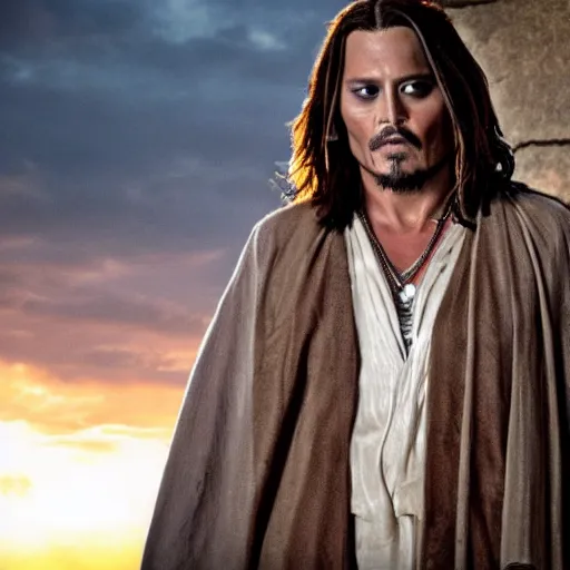 Image similar to stunning awe inspiring johnny depp as the jesus christ, movie still 8 k hdr atmospheric lighting