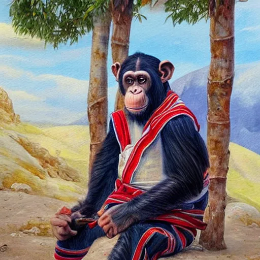 Image similar to beautiful painting by sophie anderson of a chimpanzee wearing traditional men kurdish clothes baggy pants and white shirt with a large sash tied around the waist in a kurdish village, award winning art, insanely detailed, bright colors, global illumination, cute, young, stunning