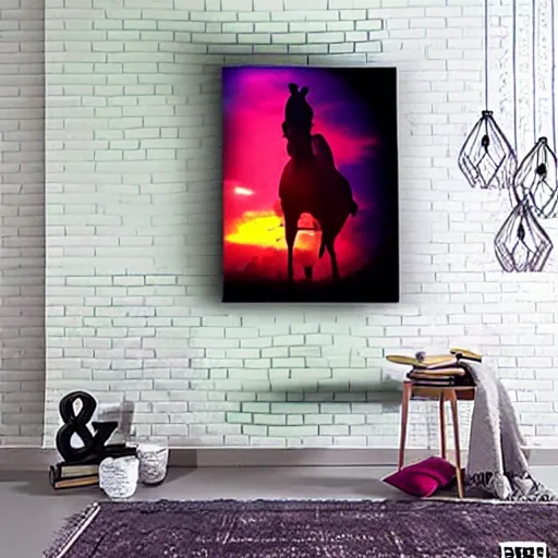 Prompt: cowboy slav squatting on top of his horse, synthwave poster, 8k