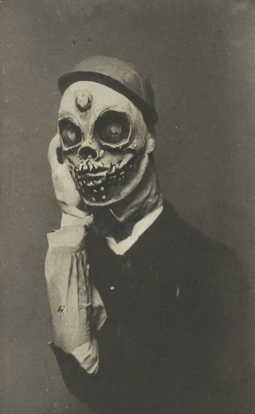 Image similar to a portrait photograph of a victorian wearing a scary vintage halloween mask, creepy, atmospheric, 1 9 0 0 s picture
