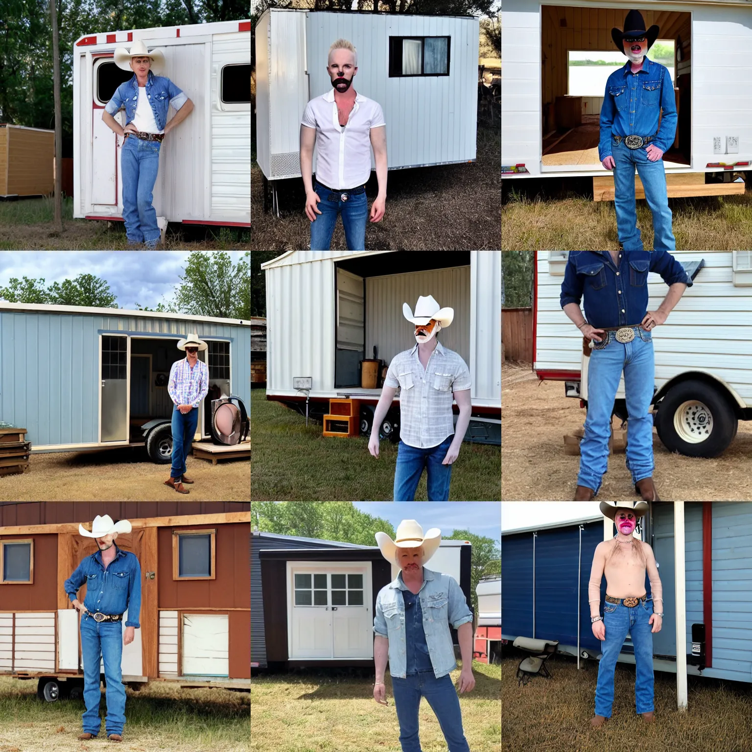 Prompt: pale skin rupaul standing in front of a trailer home, poor, jeans, unhappy, open shirt, mustache, cowboy hat