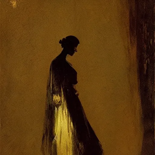 Image similar to portrait of a mysterious woman with a long shadow, by Ilya Repin and Dave McKean