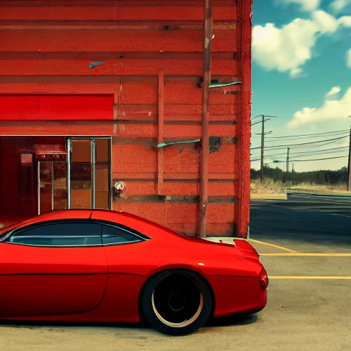 Prompt: beautiful red car in empty abandoned parking car, raytracing, beautiful, unreal engine, photorealistic, hyper detailed