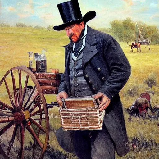 Prompt: alex jones as a 1 9 th century traveling medicine salesman wearing a top hat, selling purported miracle tonics out of a chuckwagon, western art by howard terpning