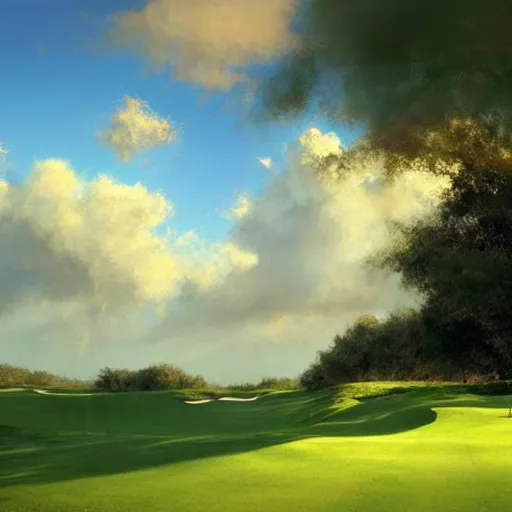 Image similar to beautiful lush golf course, big fluffy clouds, landscape, nature, craig mullins